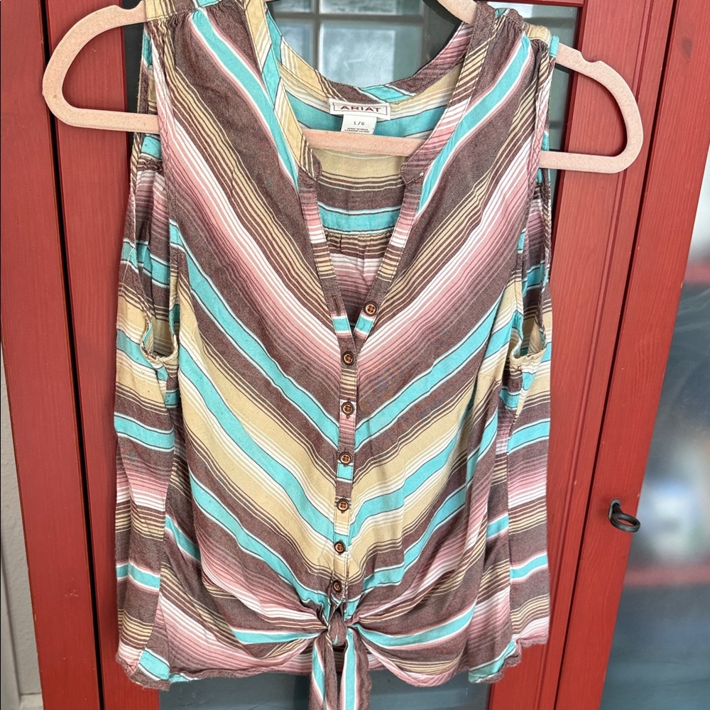 Ariat Women's Striped Blouse in Brown, Blue, and Pink sz L